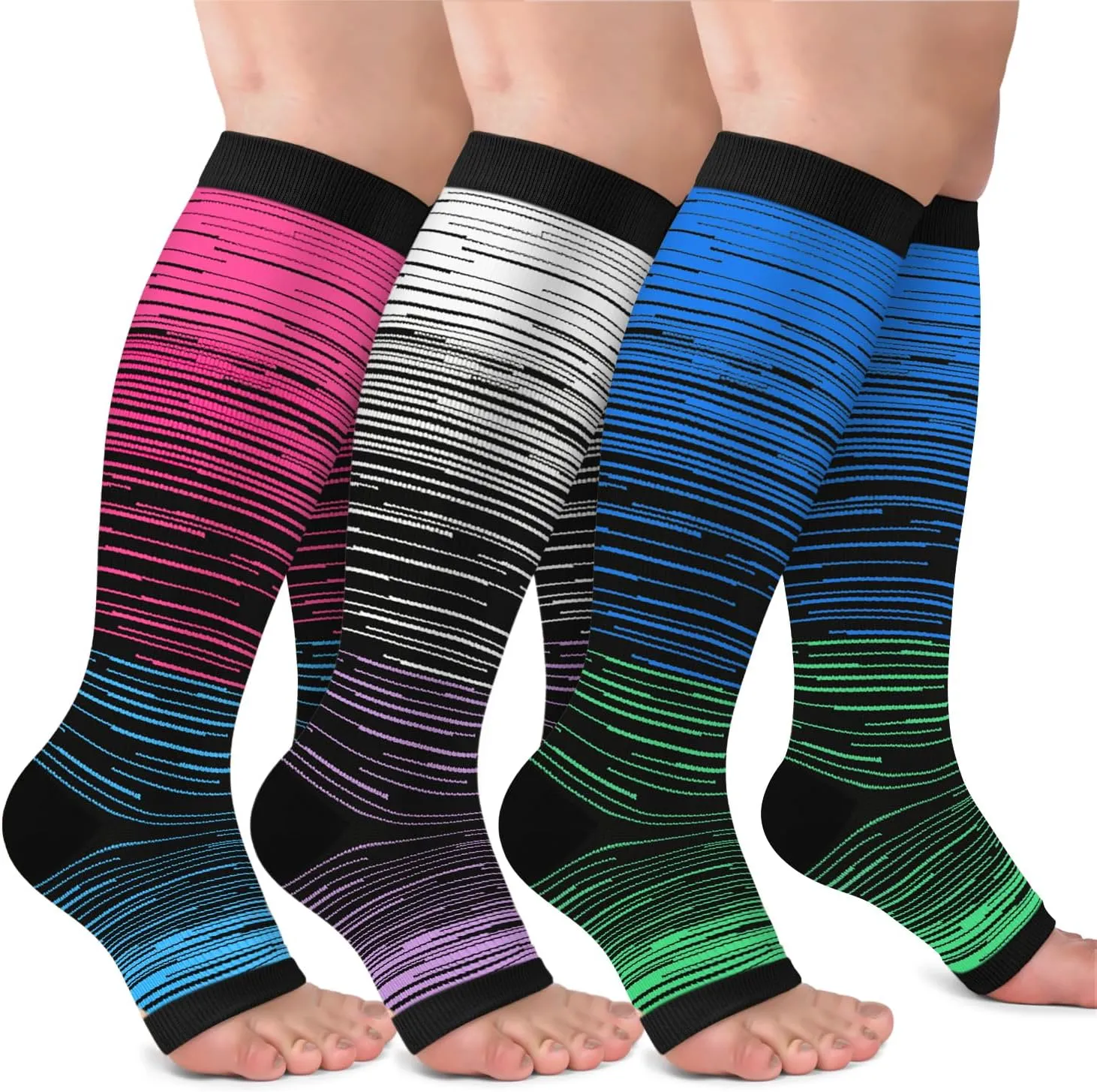 3 Pack Copper Compression Socks for Women & Men, 20-30mmHg Open Toe Knee High Stockings for Circulation Support