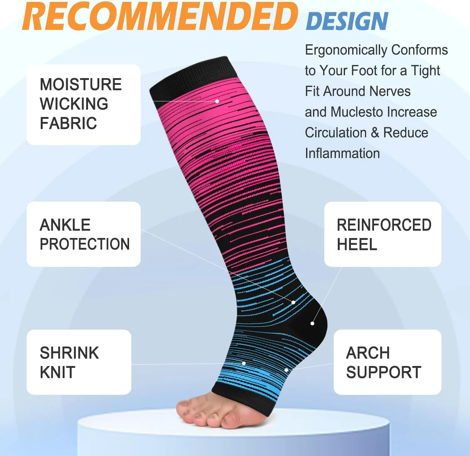 3 Pack Copper Compression Socks for Women & Men, 20-30mmHg Open Toe Knee High Stockings for Circulation Support