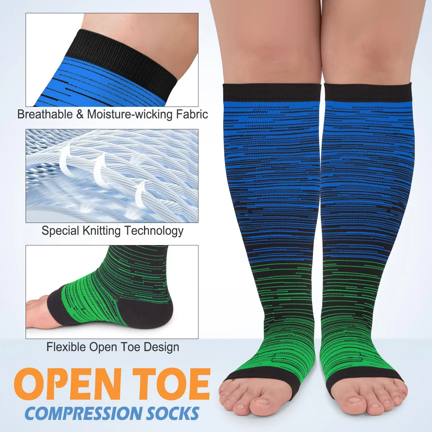 3 Pack Copper Compression Socks for Women & Men, 20-30mmHg Open Toe Knee High Stockings for Circulation Support