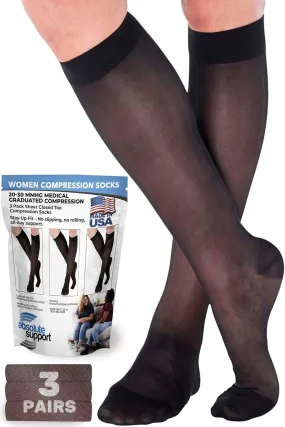 (3 Pairs - Closed Toe) Made in USA - Sheer Compression Socks for Women Circulation 20-30mmHg - A205