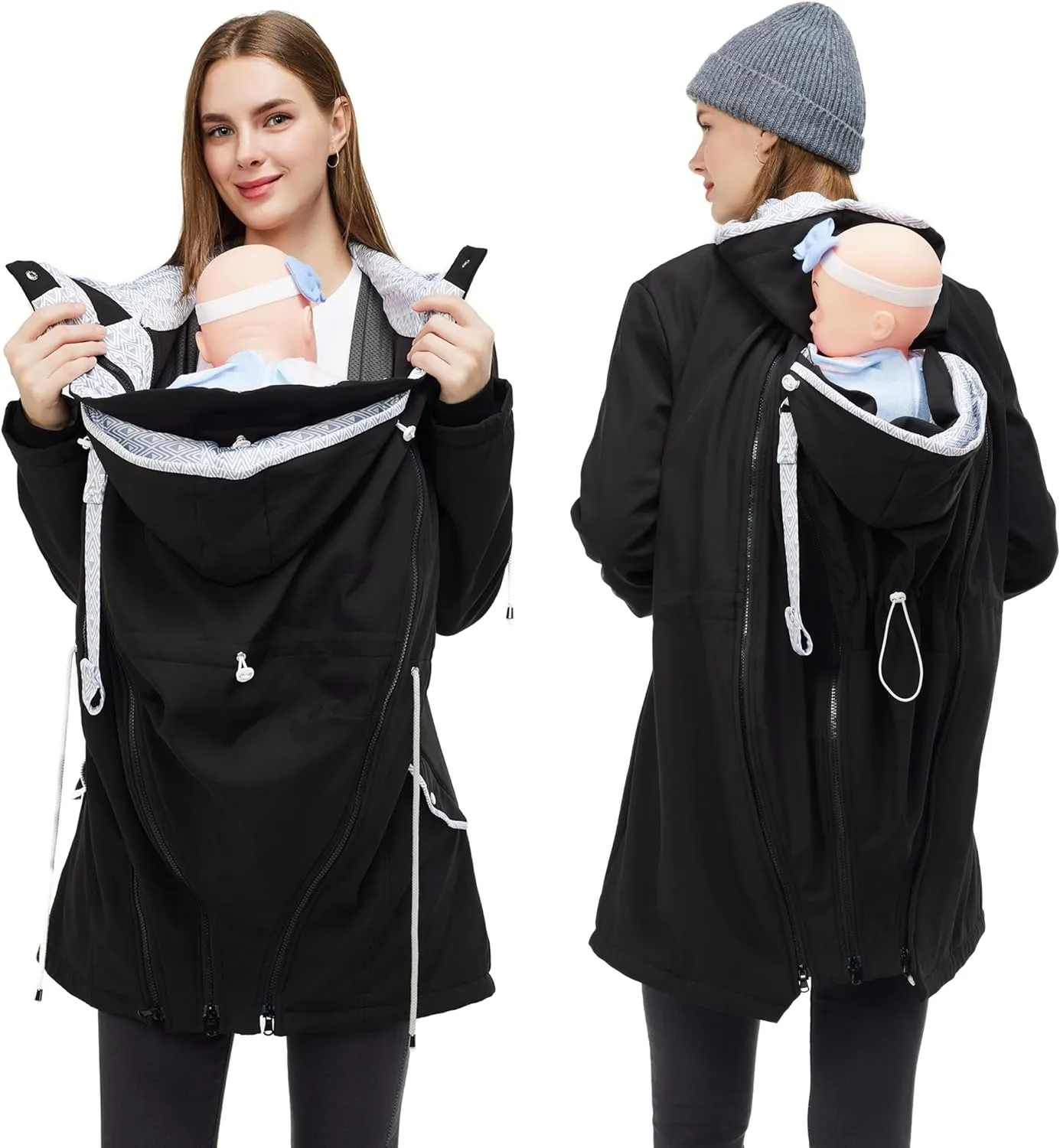 4-in-1 Rain Jacket Waterproof Maternity Carrying Parka for Back or Chest Wear, All-Weather, Softshell Jacket