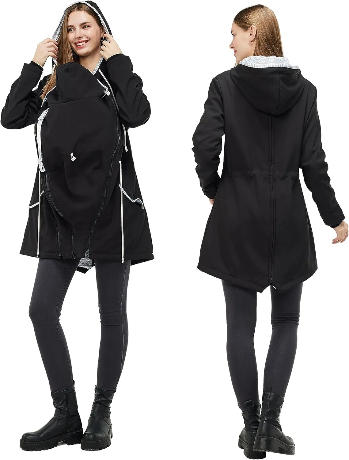 4-in-1 Rain Jacket Waterproof Maternity Carrying Parka for Back or Chest Wear, All-Weather, Softshell Jacket
