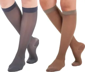 (6 Pairs) Made in USA - Size Large - Sheer Compression Socks for Women Circulation 15-20mmHg - Lightweight Long Compression Knee Hi Support Stockings for Ladies - Navy & Taupe