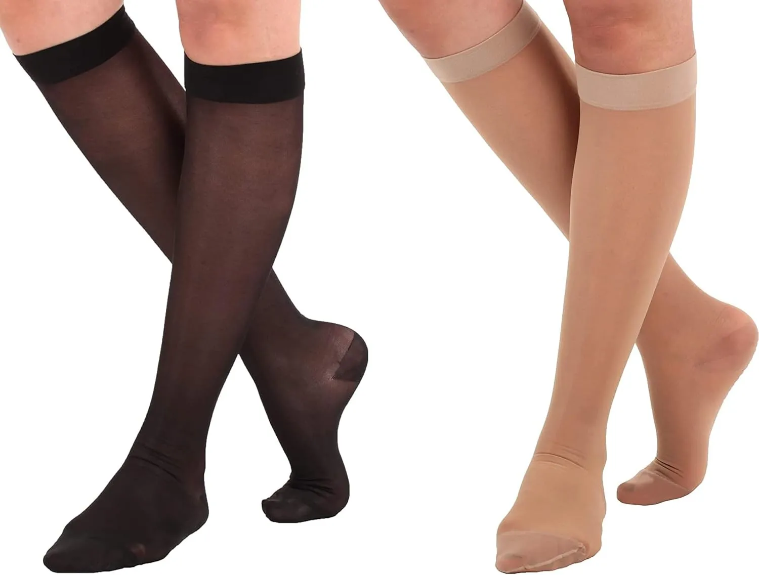 (6 Pairs) Made in USA - Size Small - Sheer Compression Socks for Women Circulation 15-20mmHg - Lightweight Long Compression Knee Hi Support Stockings for Ladies - Black & Natural