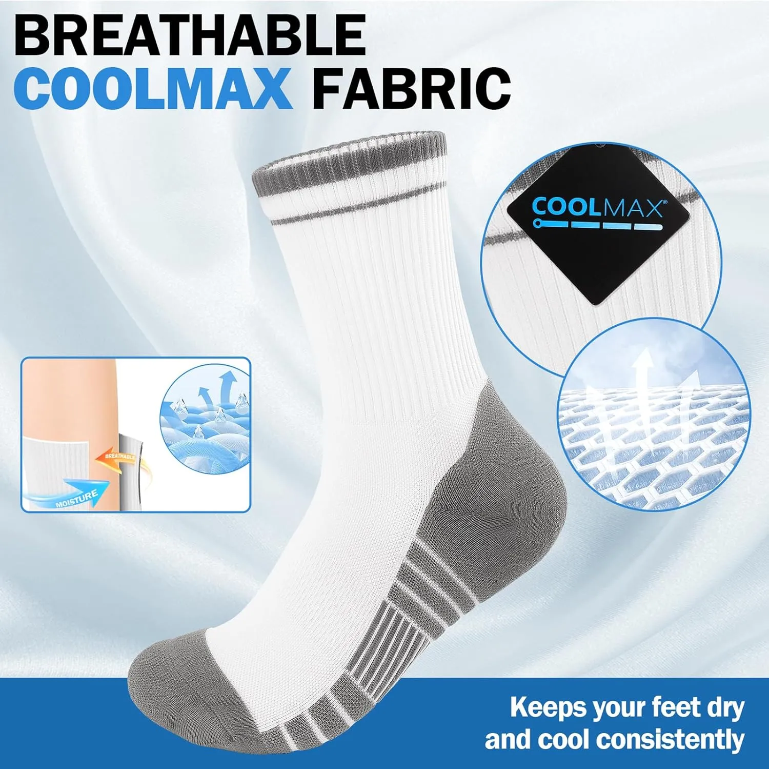 Athletic Cushioned Crew Socks, Sport Running Sock, Anti-Blister Wicking Coolmax Socks for Men and Women(2Pairs)