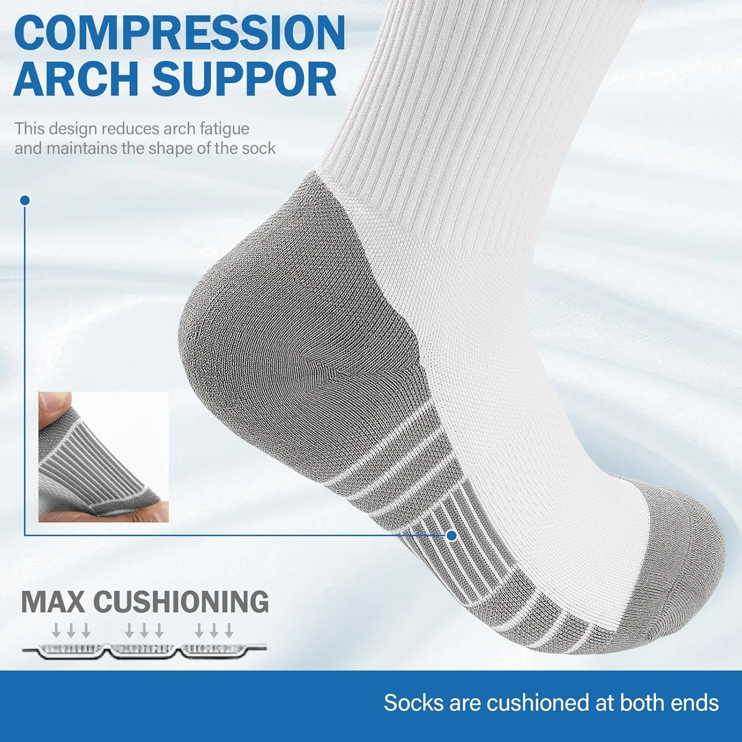 Athletic Cushioned Crew Socks, Sport Running Sock, Anti-Blister Wicking Coolmax Socks for Men and Women(2Pairs)