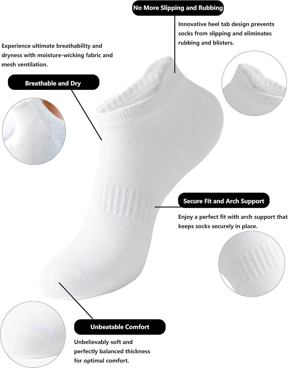Athletic Socks, Low Cut Ankle Socks, Unisex, Pack of 6 Pairs, Black and White