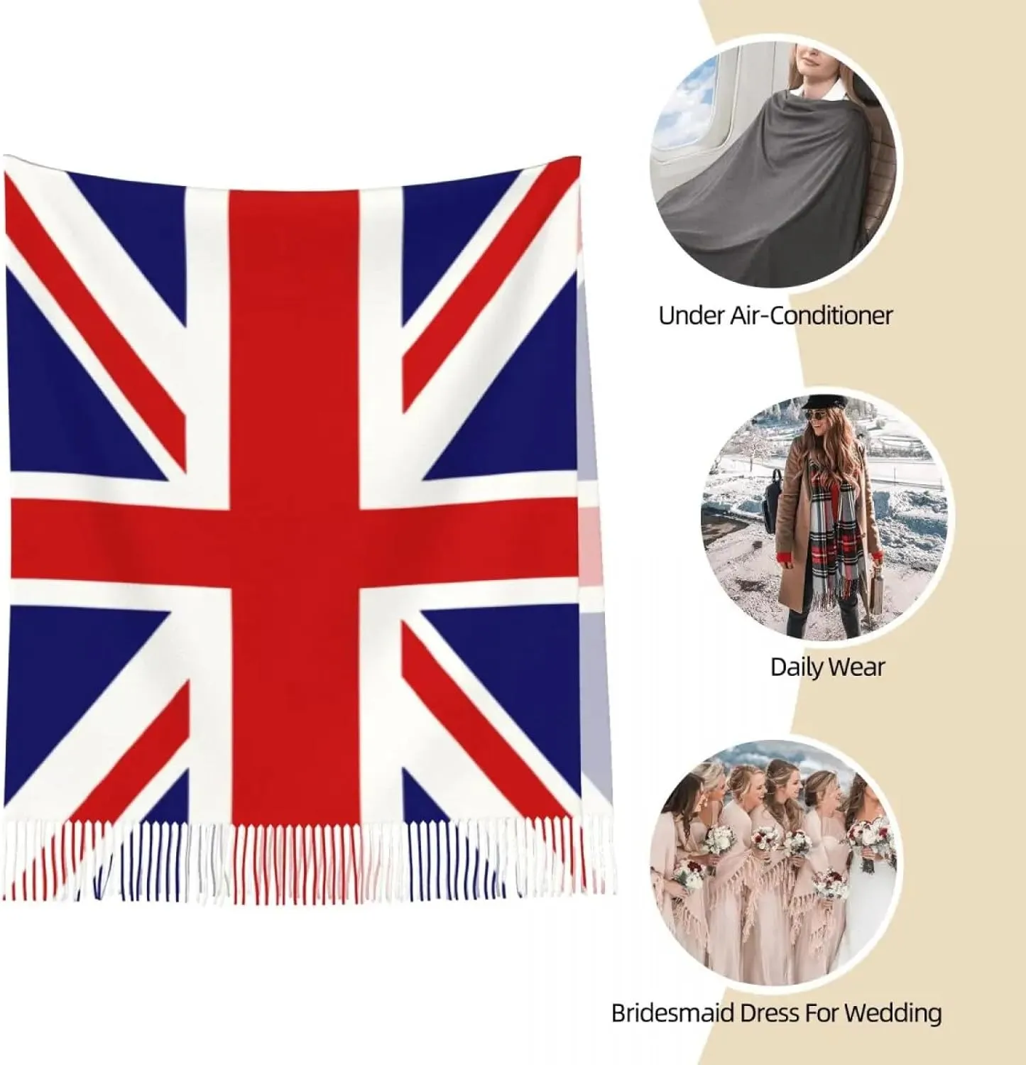 Blanket Scarf For Women - Womens Scarf with Tassel British Flag Union Jack Long Winter Fall Shawl and