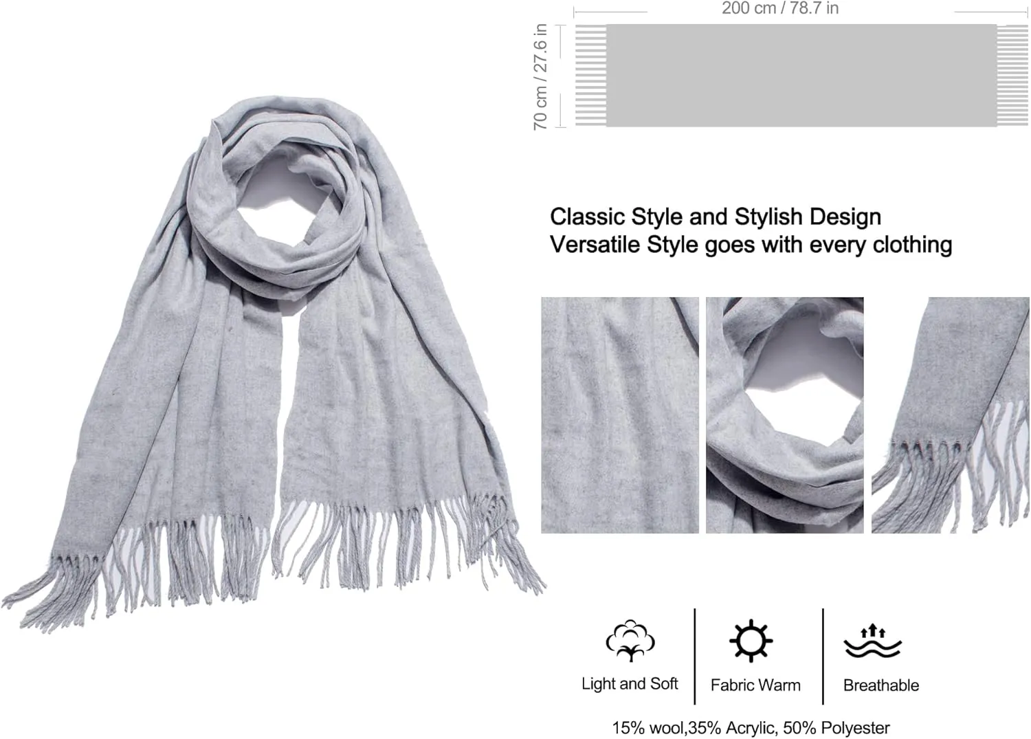 Cashmere Blend Solid Color Scarfs for Women Winter Scarves for Women Pashmina Shawls And Wraps Wool Scarf
