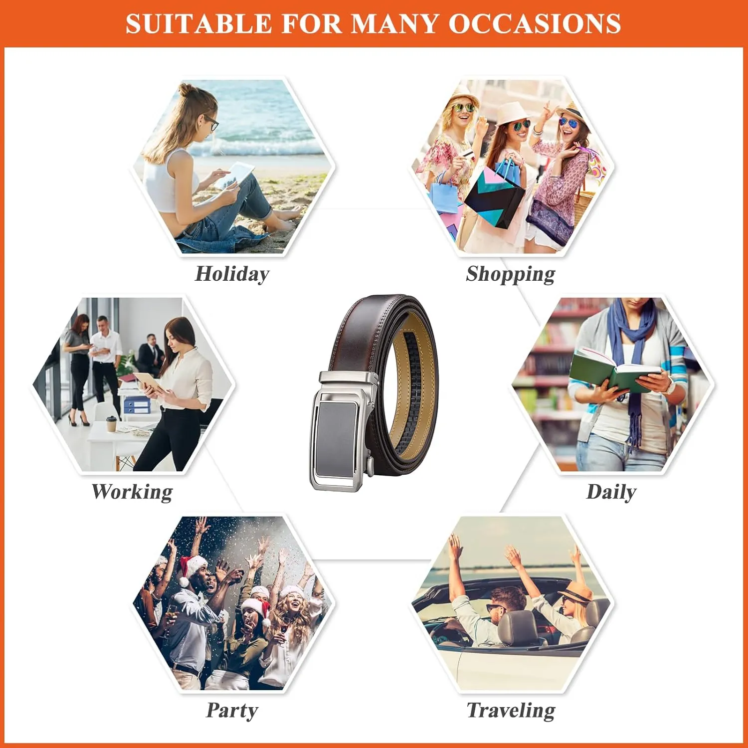 Casual Men's Genuine Leather Belts Automatic Buckle Ratchet Belt Adjustable Waist Strap for Jeans Pants