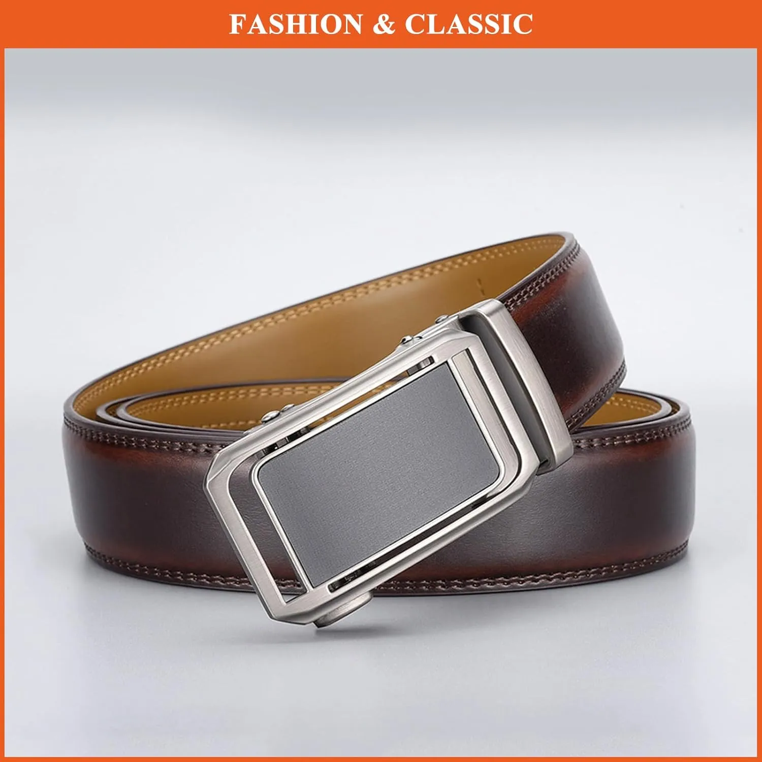 Casual Men's Genuine Leather Belts Automatic Buckle Ratchet Belt Adjustable Waist Strap for Jeans Pants