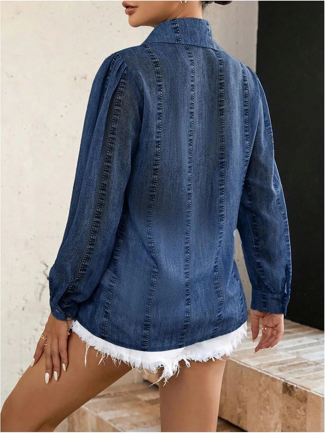 Floerns Women's Casual Denim Blouse Long Sleeve Button Down Collared Jean Shirt Tops