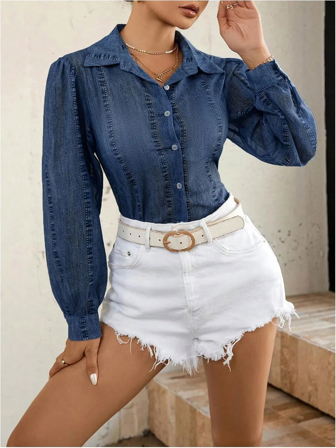 Floerns Women's Casual Denim Blouse Long Sleeve Button Down Collared Jean Shirt Tops