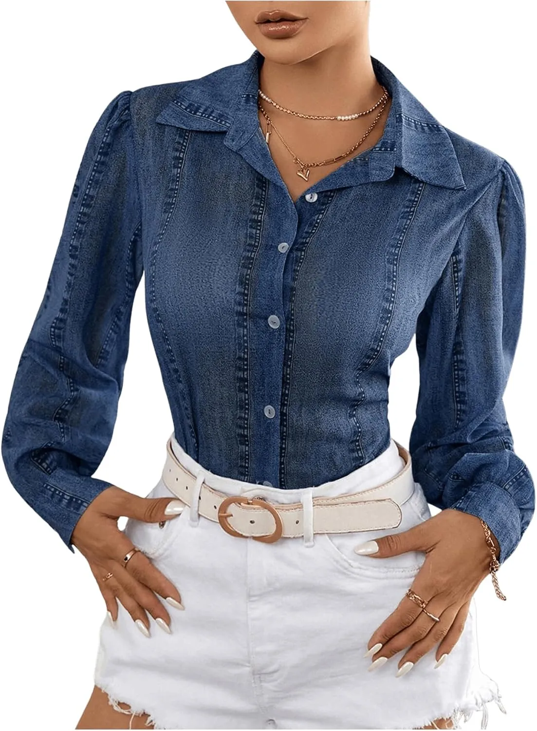 Floerns Women's Casual Denim Blouse Long Sleeve Button Down Collared Jean Shirt Tops