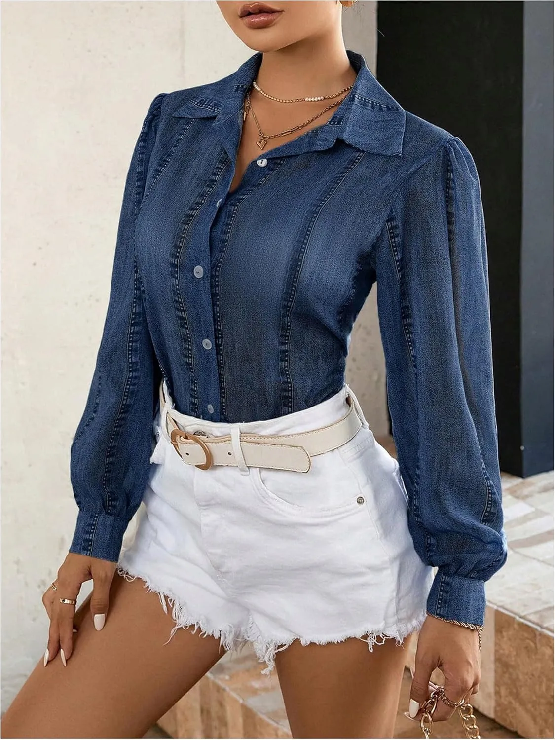 Floerns Women's Casual Denim Blouse Long Sleeve Button Down Collared Jean Shirt Tops