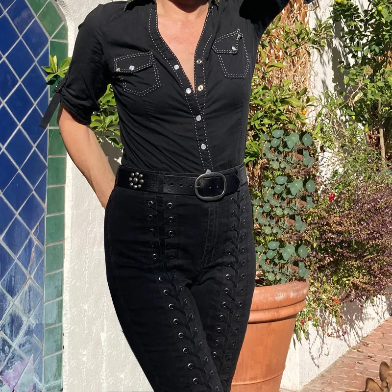 Flower Dome Rivet Belt - Black wAntique Nickel