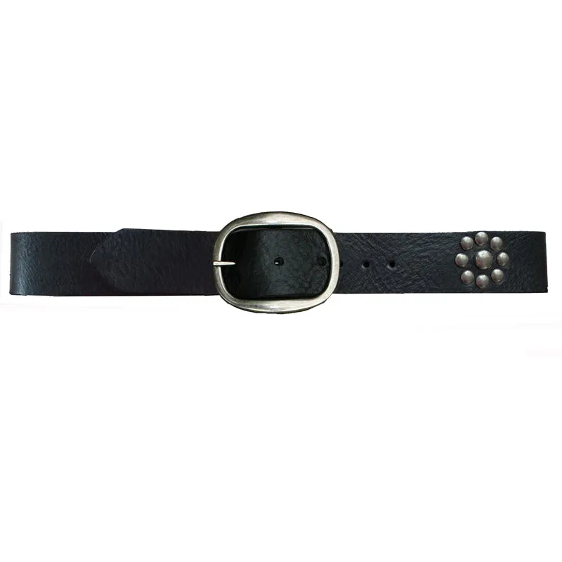 Flower Dome Rivet Belt - Black wAntique Nickel