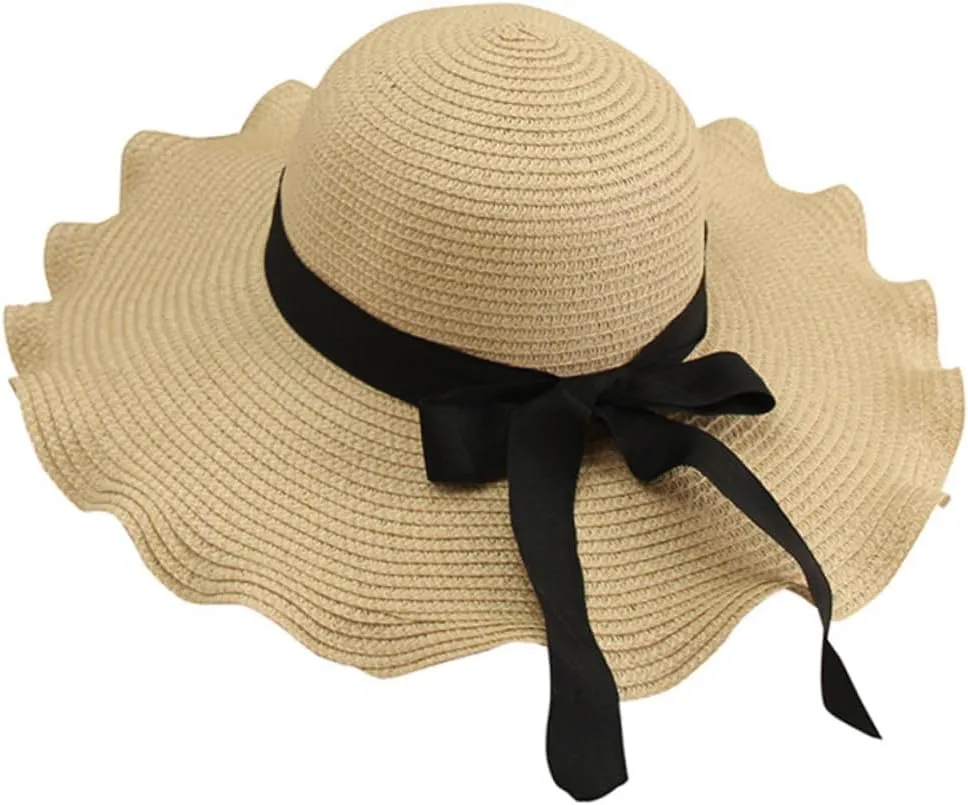GALPADA Folding Sun Hat for Women Large Brim Straw Bucket Hat Butterfly Crochet Trim for Women Beige