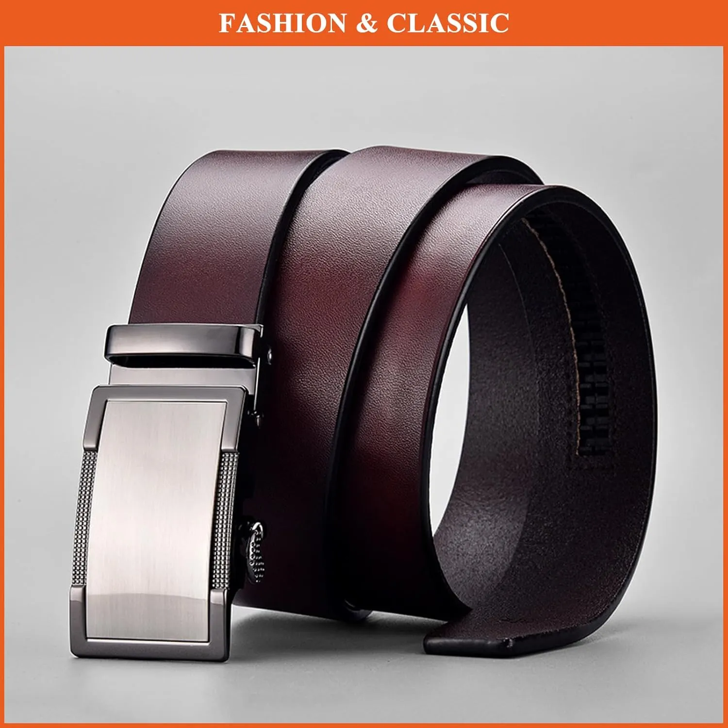 Genuine Leather Belts for Men, Automatic Buckle Ratchet Waist Strap Classic Belt for Jeans Pants Suits