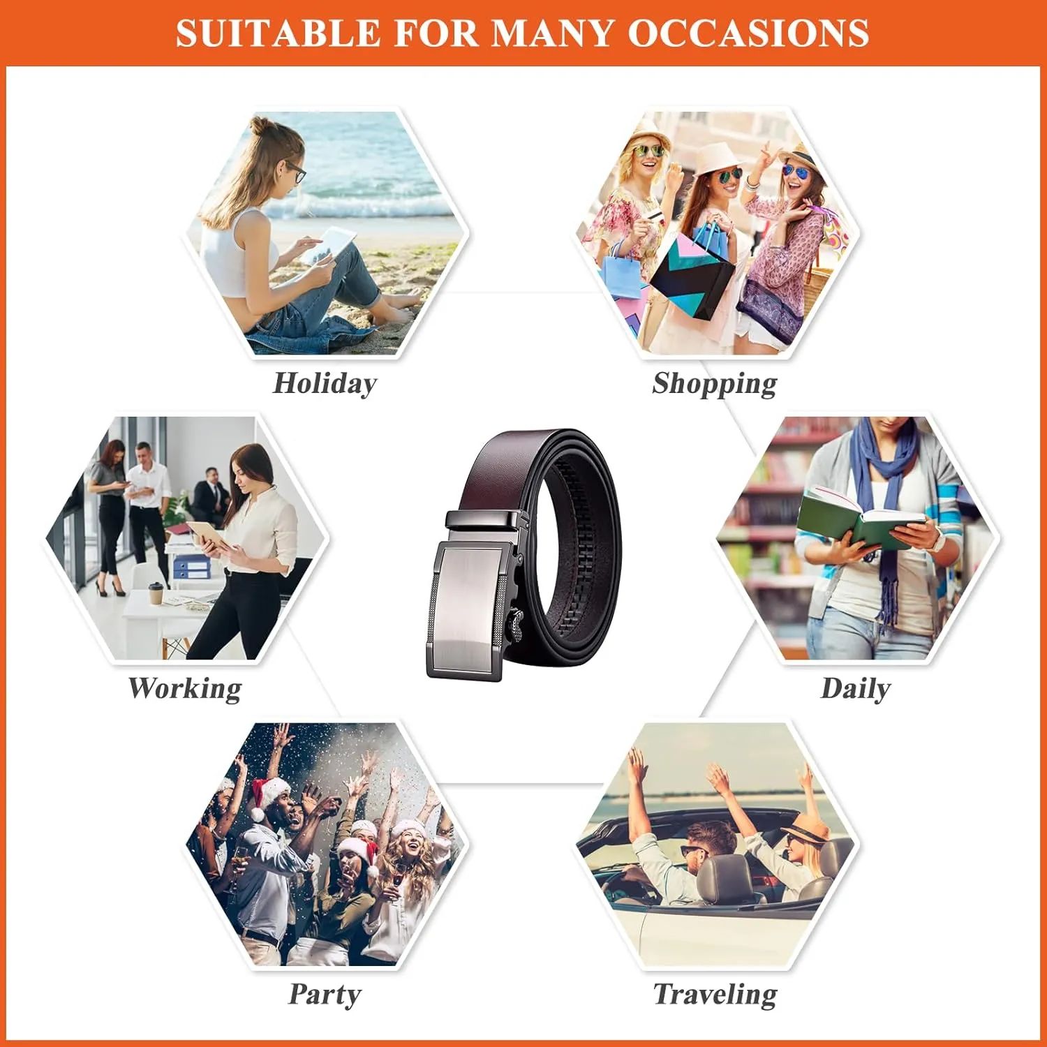 Genuine Leather Belts for Men, Automatic Buckle Ratchet Waist Strap Classic Belt for Jeans Pants Suits