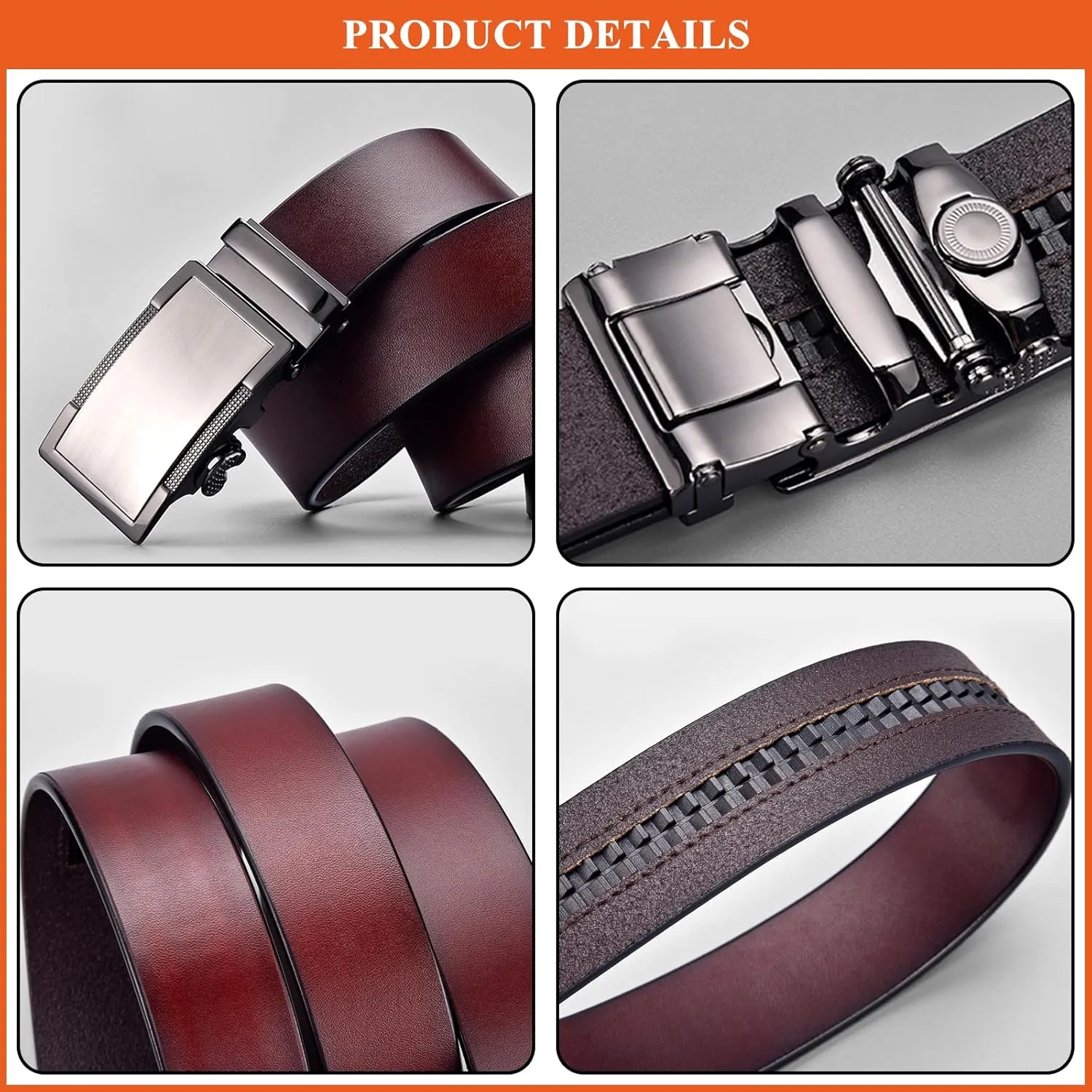 Genuine Leather Belts for Men, Automatic Buckle Ratchet Waist Strap Classic Belt for Jeans Pants Suits