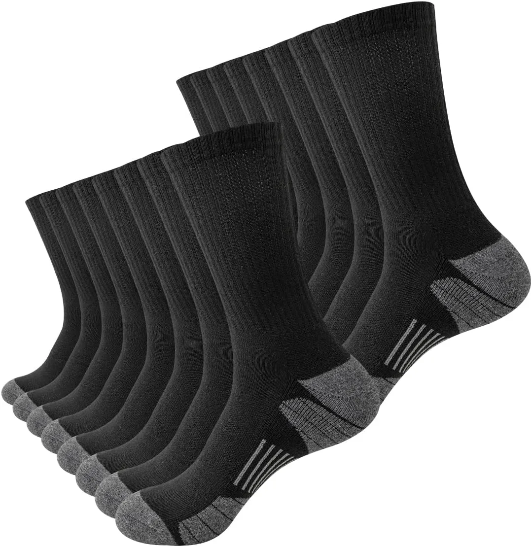 JOYNÉE 8 Pairs Mens Crew Socks Cushioned Moisture Wicking Athletic Socks Work Breathable Socks for Men,Black,Sock Size:10-13