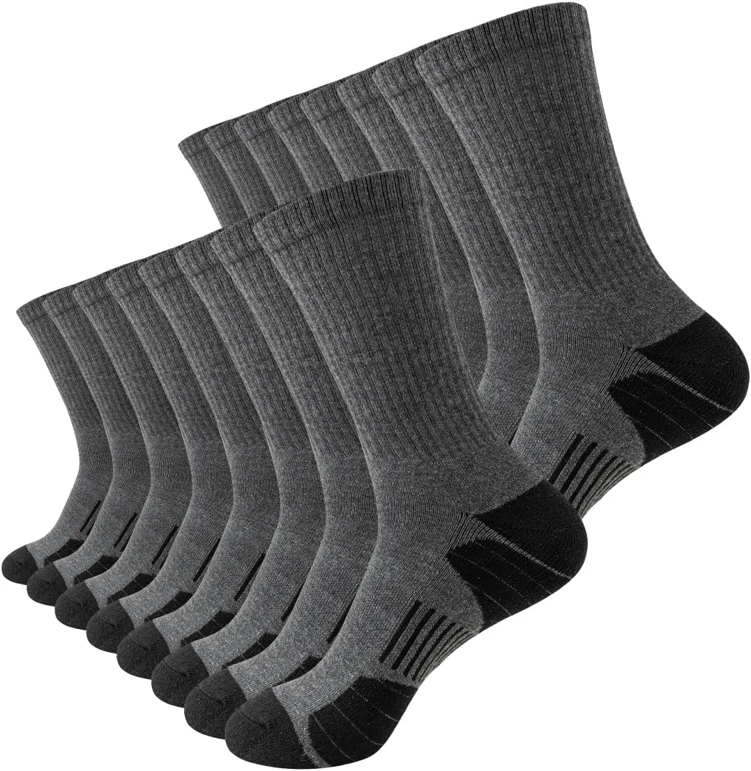 JOYNÉE 8 Pairs Mens Crew Socks Cushioned Moisture Wicking Athletic Socks Work Breathable Socks for Men,Grey,Sock Size:10-13