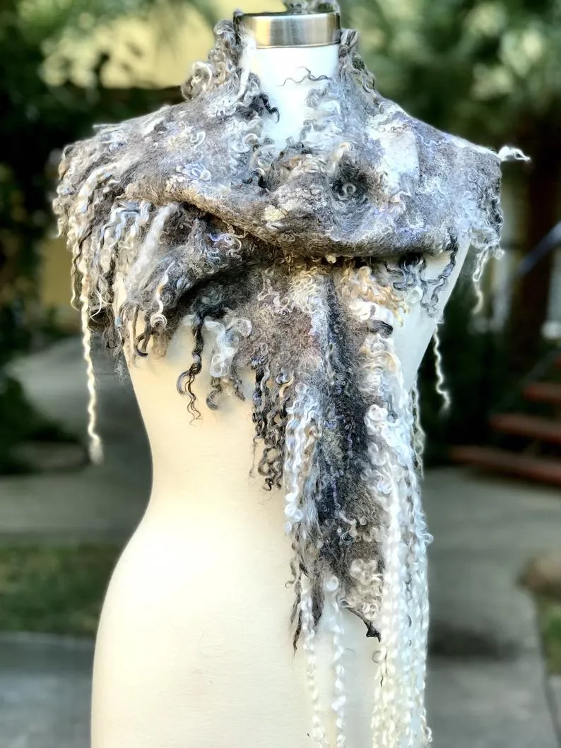 Long Pointed Oval Felted Scarf with Sheep Curls for Women, Merino Wool Stove, Felted Neck Warmer, Bohemian Scarf, Chic Scarf for Wedding