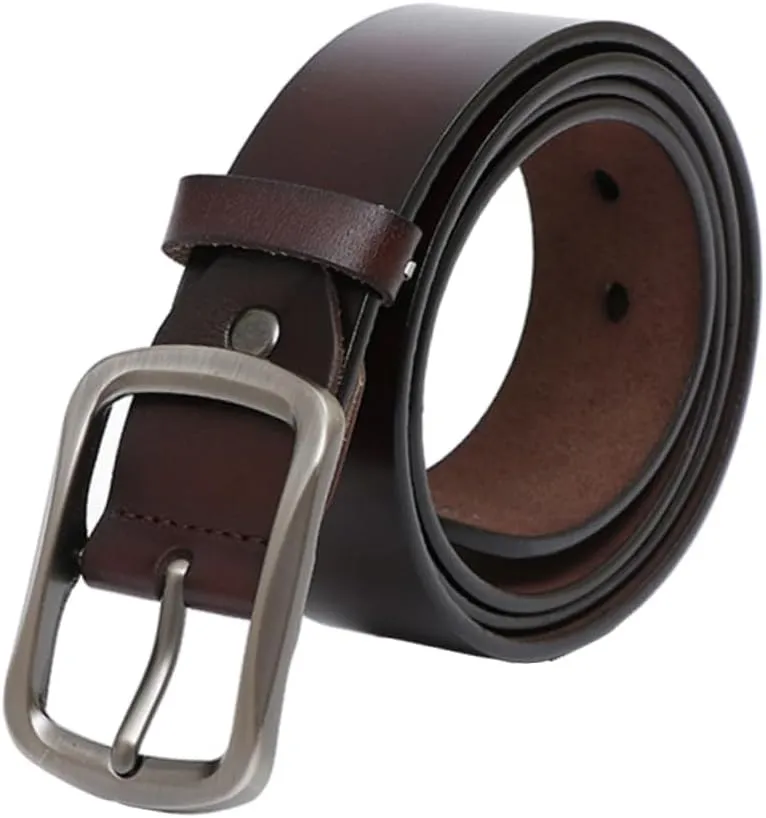 Men Genuine Cowhide Leather Belt with Pin Buckle Retro Cowboy Style Vintage Jeans Strap Brown for Casual Dress Wear