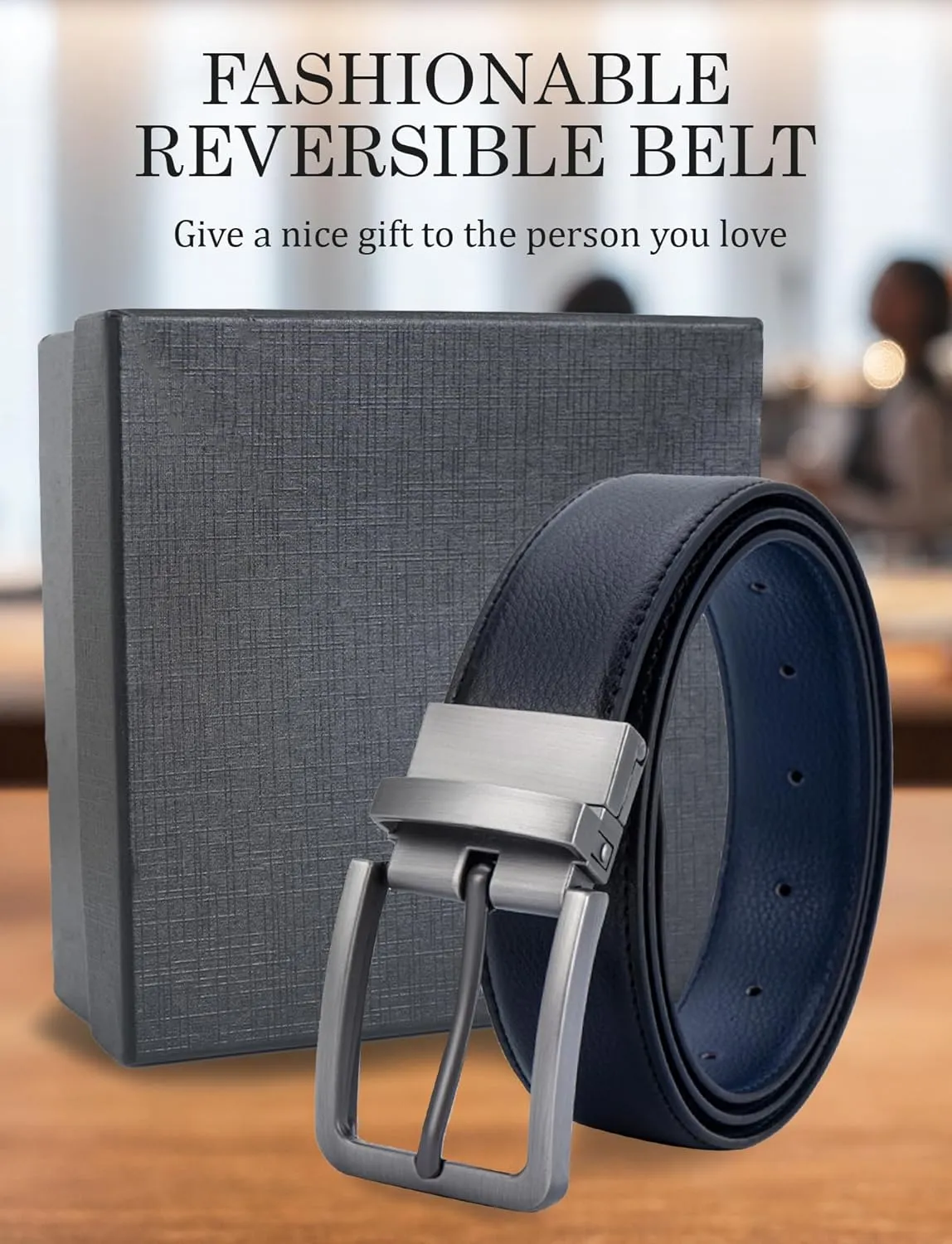 Mens Genuine Leather Belt Two-in-One Reversible Business Belt Classic Work Waist Belts with Single Prong Buckle