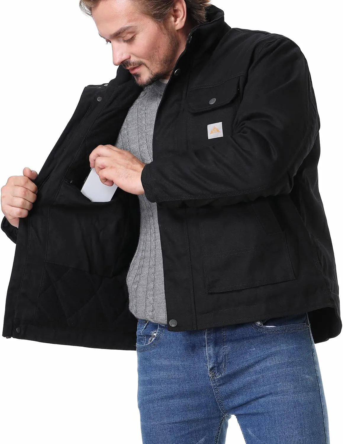 Men's Quilted Flannel Lined Work Coat Long-Lasting Loose Casual Jacket Waterproof Workwear
