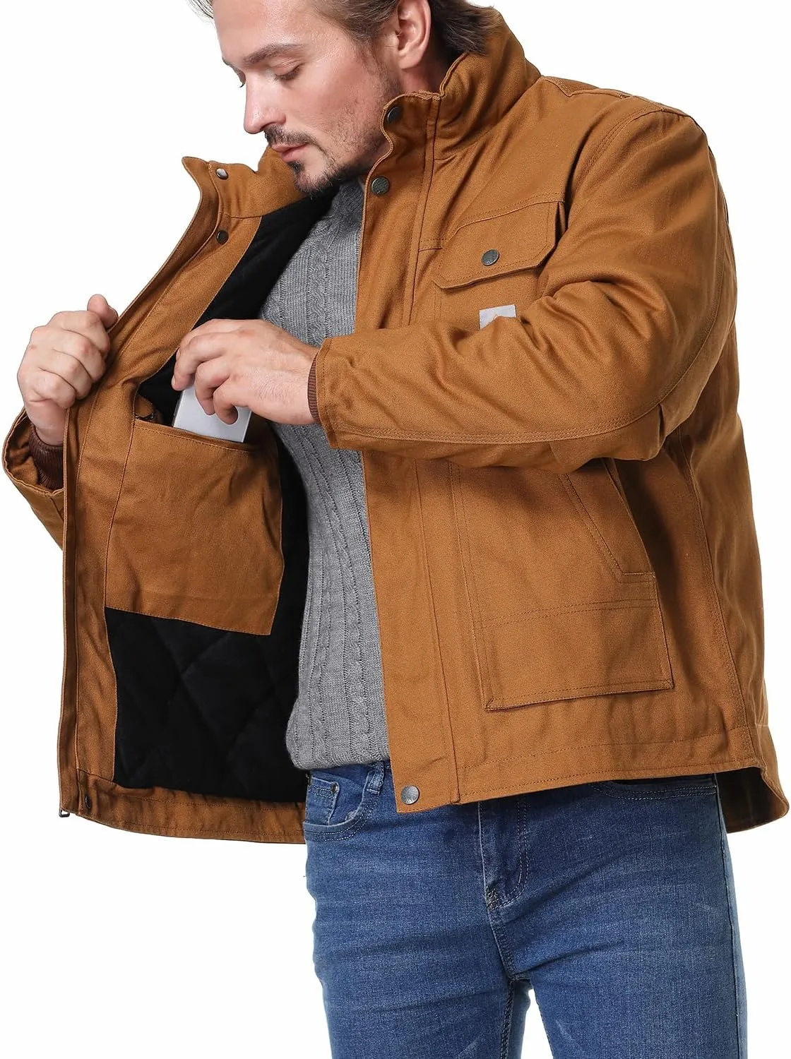 Men's Quilted Flannel Lined Work Coat Long-Lasting Loose Casual Jacket Waterproof Workwear