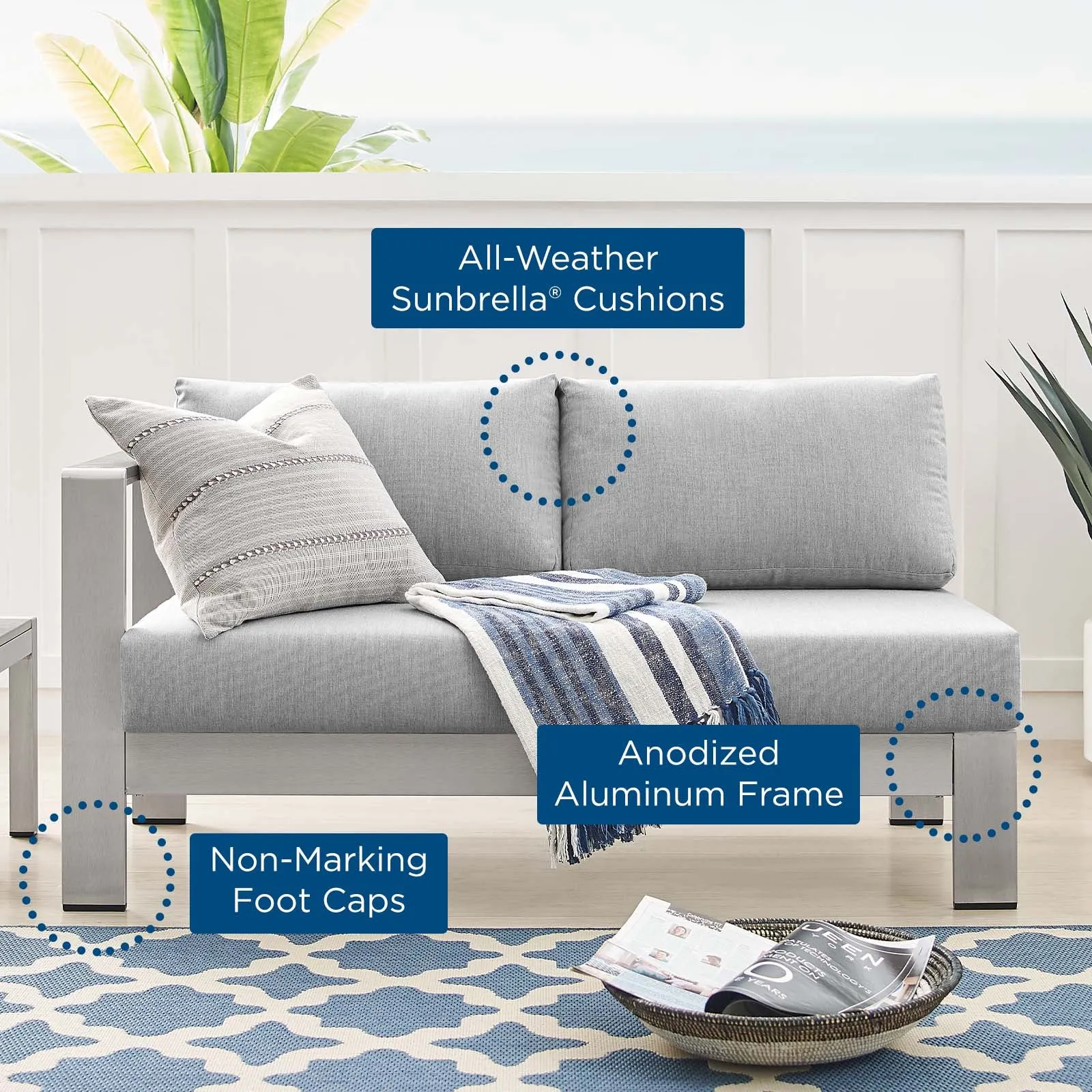 Shore Sunbrella Fabric Aluminum Outdoor Patio Left-Arm Loveseat