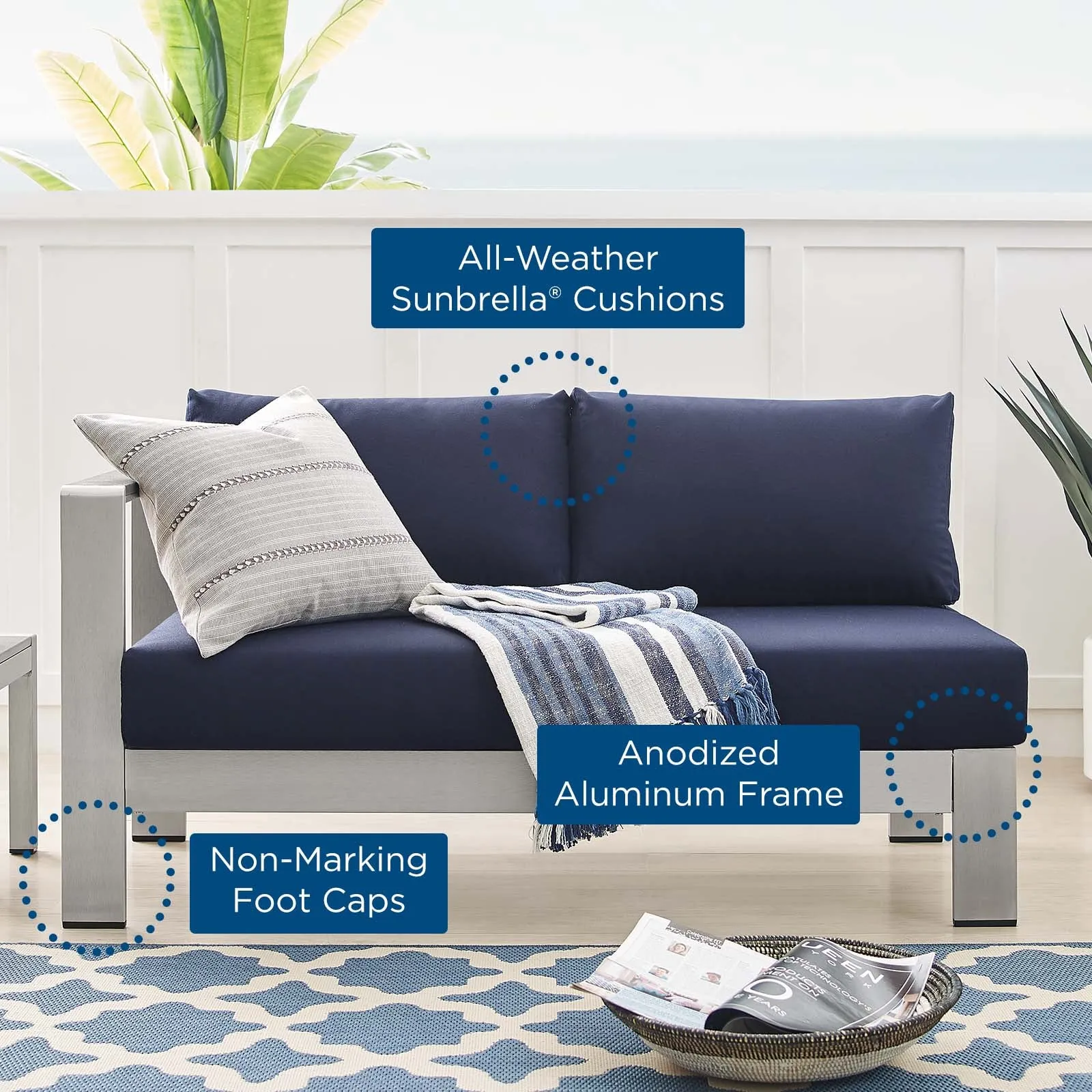 Shore Sunbrella Fabric Aluminum Outdoor Patio Left-Arm Loveseat