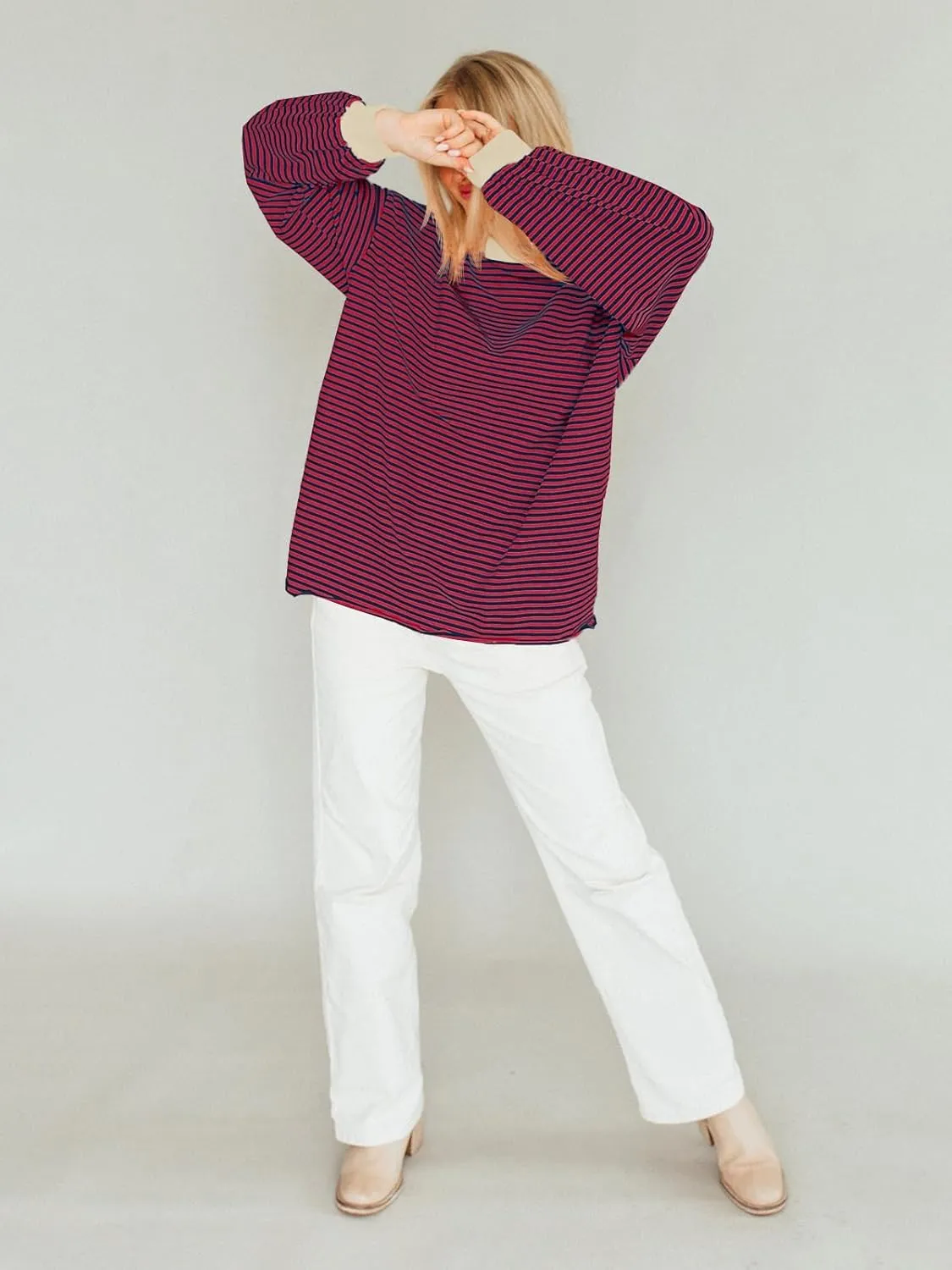 Tankaneo Womens Oversized Long Sleeve T Shirts Striped Color Block Cotton Tunic Tops Loose Fit Fall Crewneck Sweatshirt