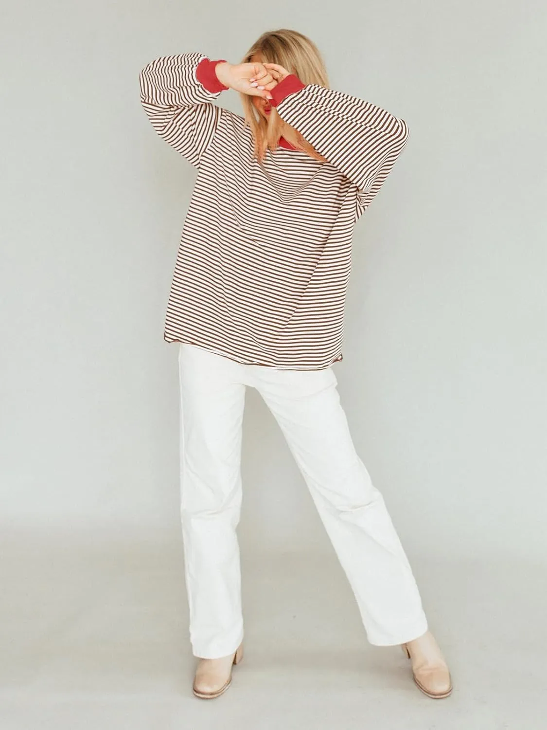 Tankaneo Womens Oversized Long Sleeve T Shirts Striped Color Block Cotton Tunic Tops Loose Fit Fall Crewneck Sweatshirt