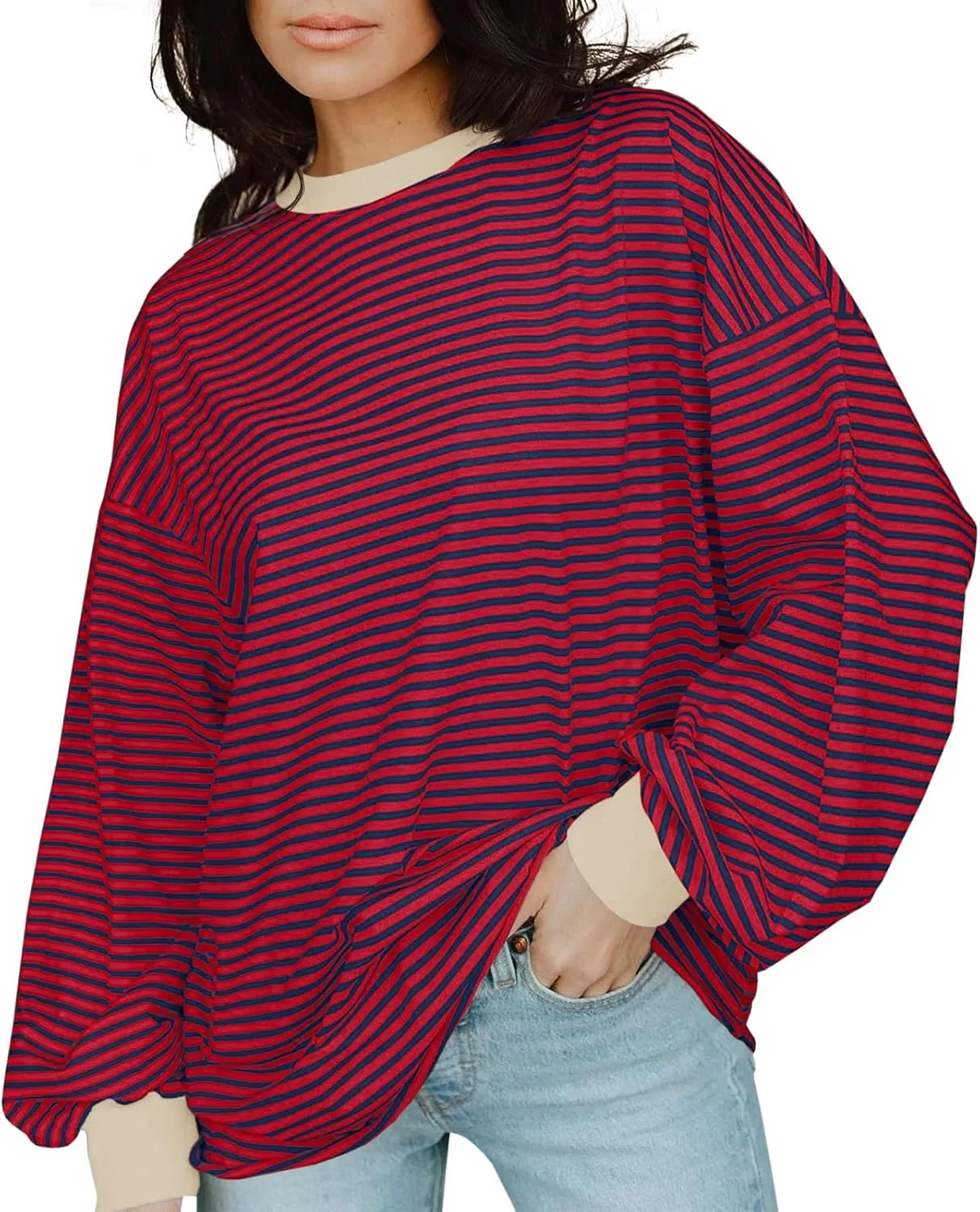 Tankaneo Womens Oversized Long Sleeve T Shirts Striped Color Block Cotton Tunic Tops Loose Fit Fall Crewneck Sweatshirt