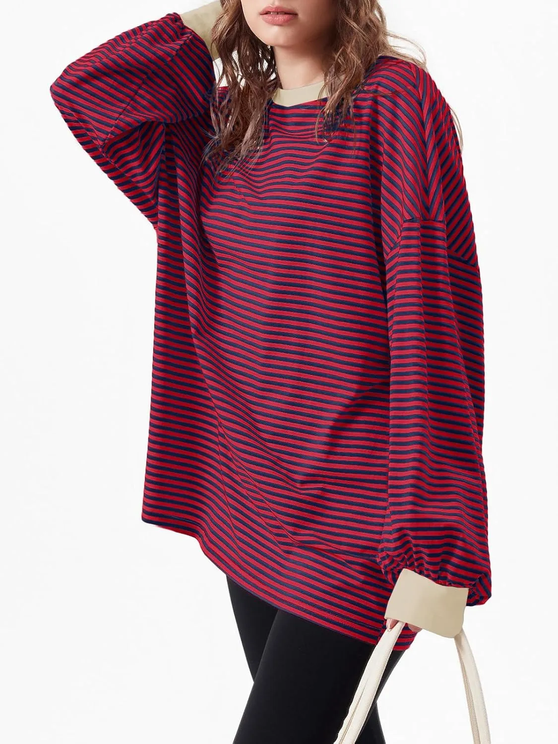 Tankaneo Womens Oversized Long Sleeve T Shirts Striped Color Block Cotton Tunic Tops Loose Fit Fall Crewneck Sweatshirt