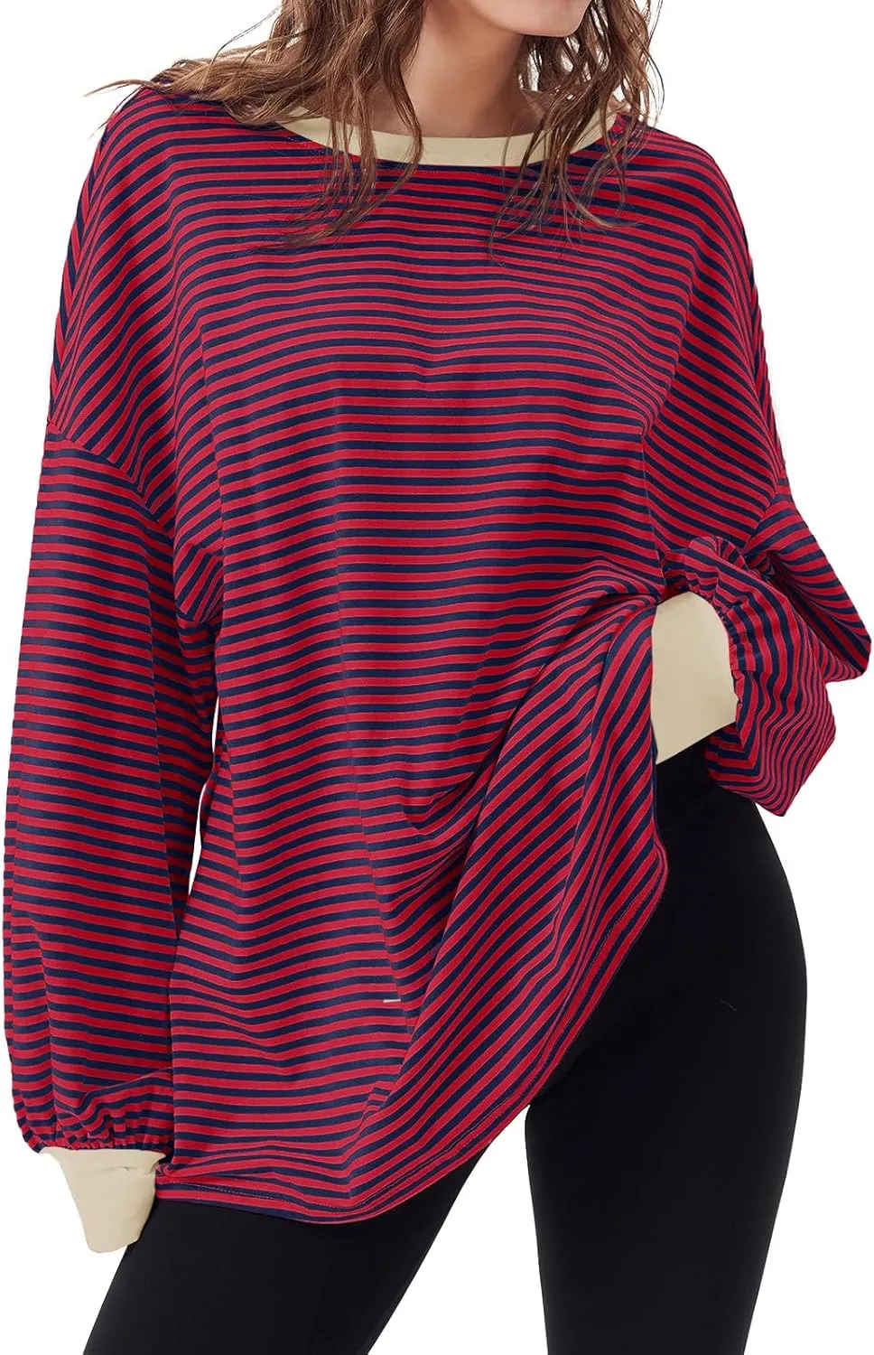 Tankaneo Womens Oversized Long Sleeve T Shirts Striped Color Block Cotton Tunic Tops Loose Fit Fall Crewneck Sweatshirt