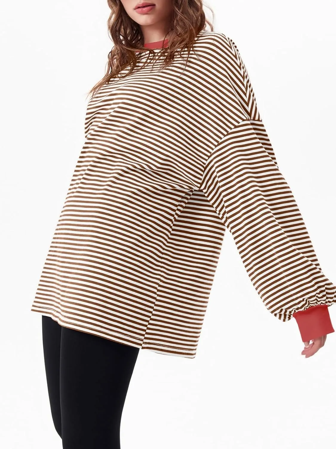 Tankaneo Womens Oversized Long Sleeve T Shirts Striped Color Block Cotton Tunic Tops Loose Fit Fall Crewneck Sweatshirt