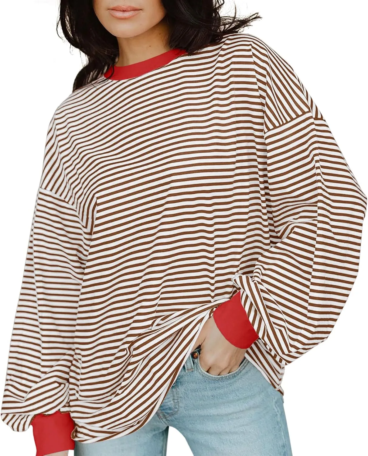 Tankaneo Womens Oversized Long Sleeve T Shirts Striped Color Block Cotton Tunic Tops Loose Fit Fall Crewneck Sweatshirt