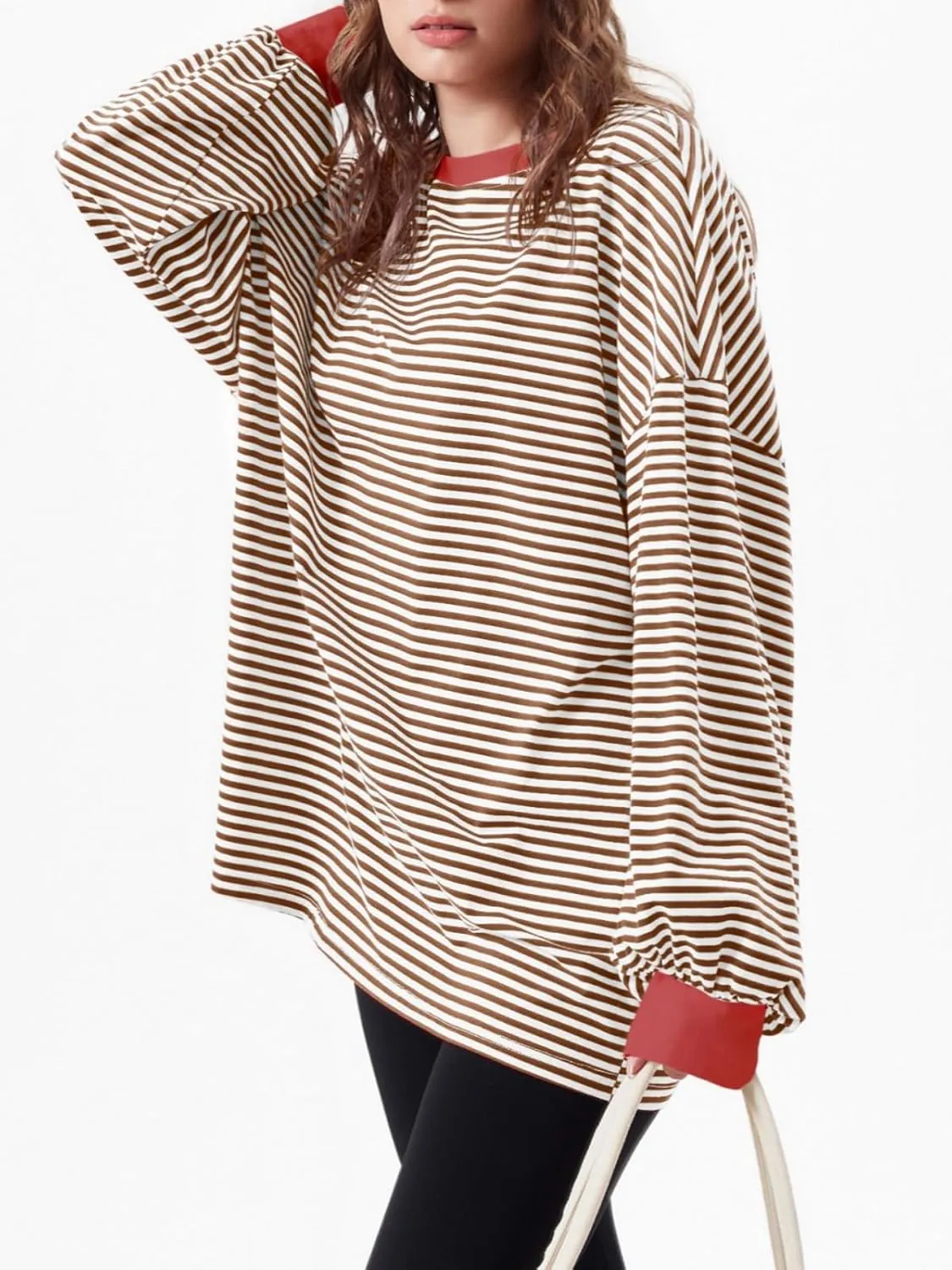 Tankaneo Womens Oversized Long Sleeve T Shirts Striped Color Block Cotton Tunic Tops Loose Fit Fall Crewneck Sweatshirt
