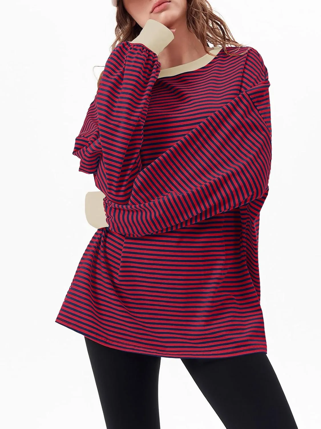 Tankaneo Womens Oversized Long Sleeve T Shirts Striped Color Block Cotton Tunic Tops Loose Fit Fall Crewneck Sweatshirt