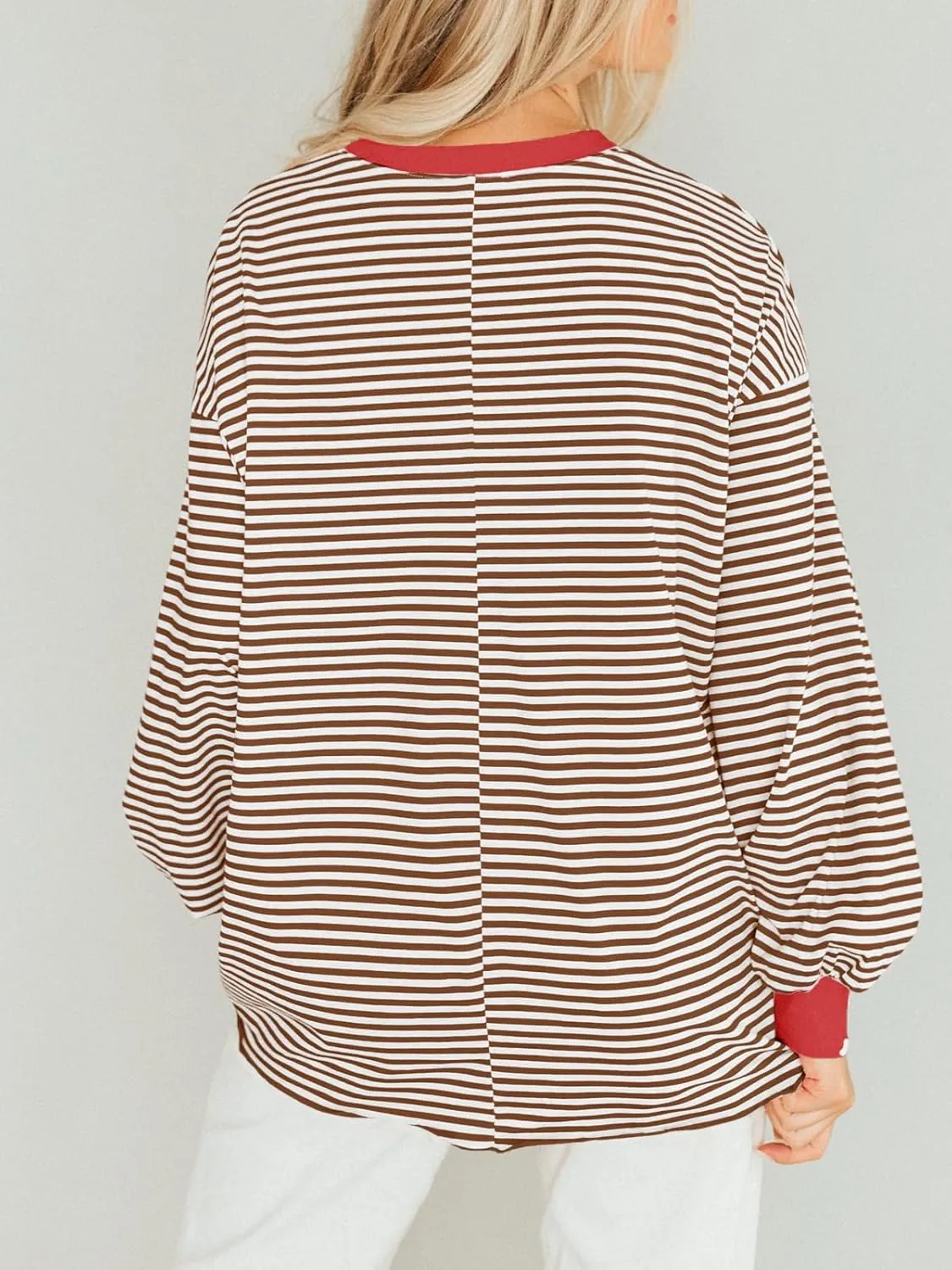 Tankaneo Womens Oversized Long Sleeve T Shirts Striped Color Block Cotton Tunic Tops Loose Fit Fall Crewneck Sweatshirt