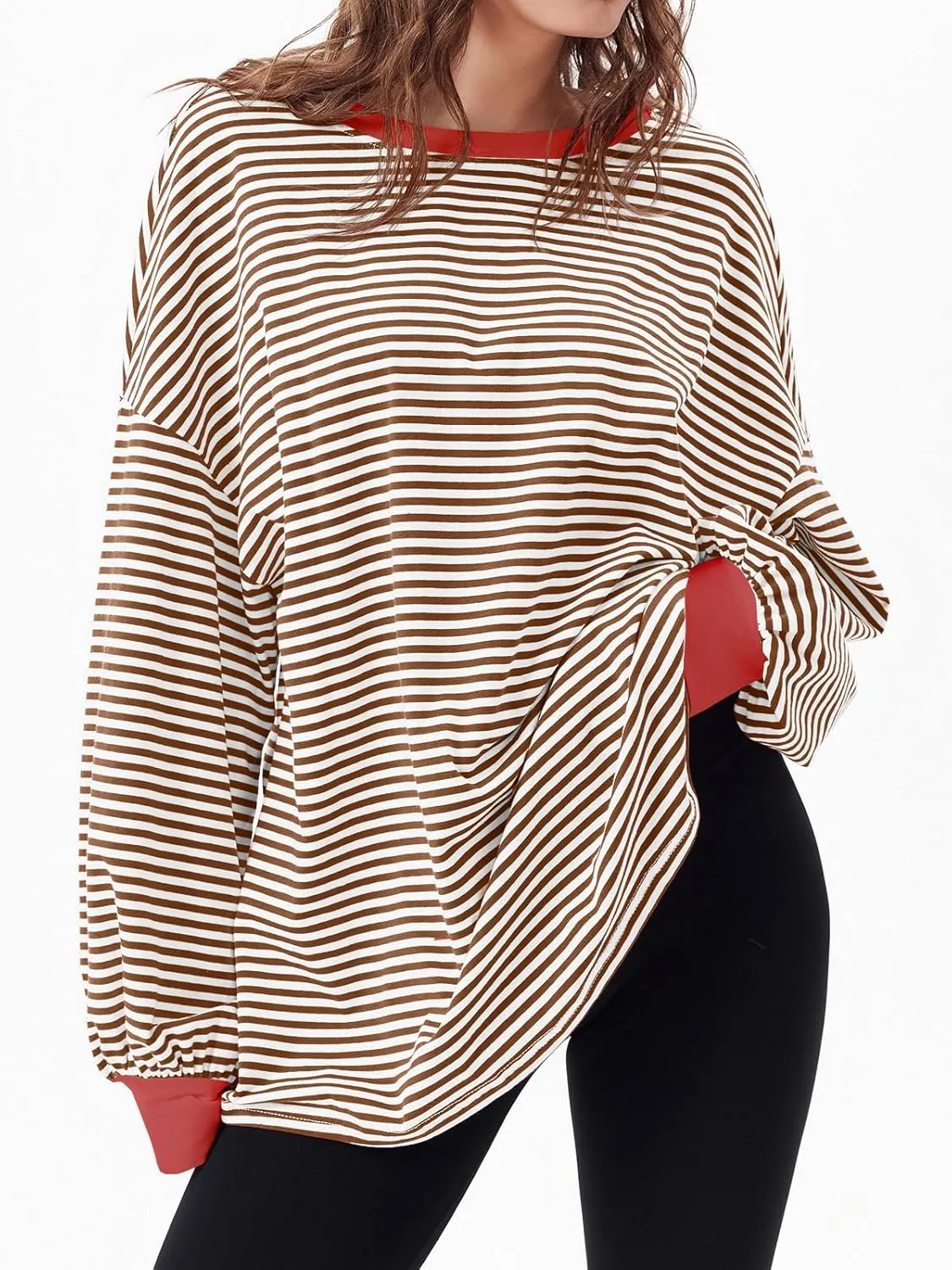 Tankaneo Womens Oversized Long Sleeve T Shirts Striped Color Block Cotton Tunic Tops Loose Fit Fall Crewneck Sweatshirt