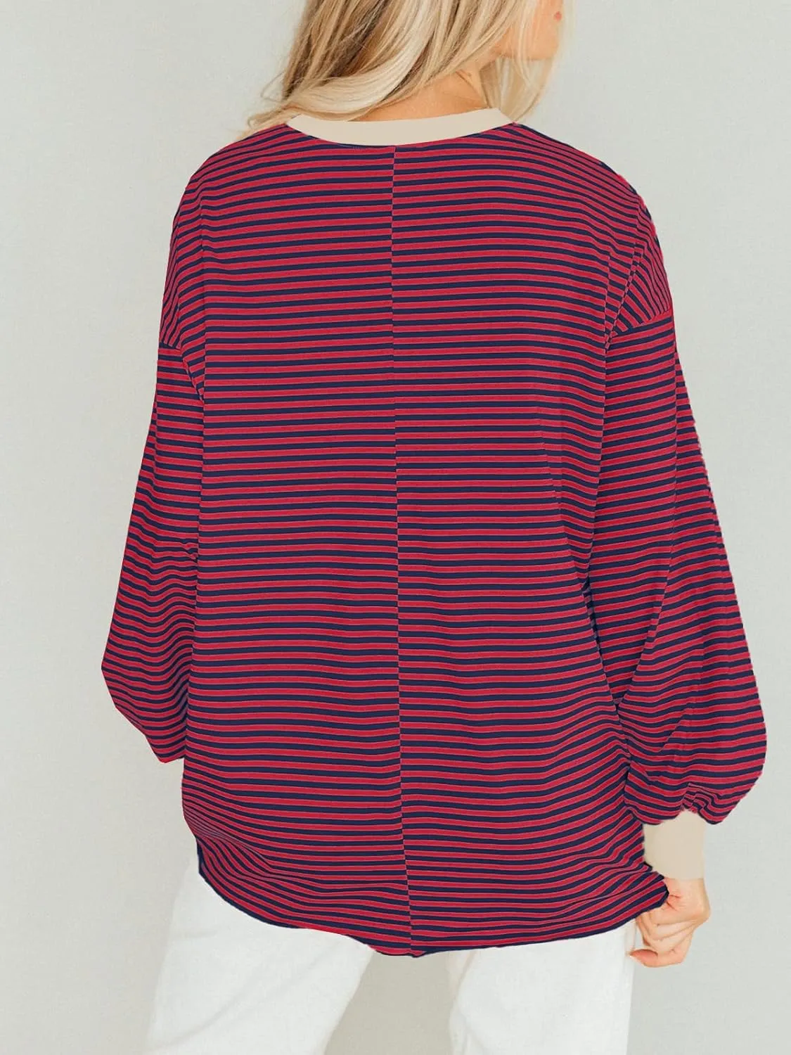 Tankaneo Womens Oversized Long Sleeve T Shirts Striped Color Block Cotton Tunic Tops Loose Fit Fall Crewneck Sweatshirt