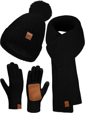Winter Beanie Hat Scarf Gloves Set, Fleece Lined Beanie Pom Long Scarf Neck Warmer Touchscreen Gloves for Women Men