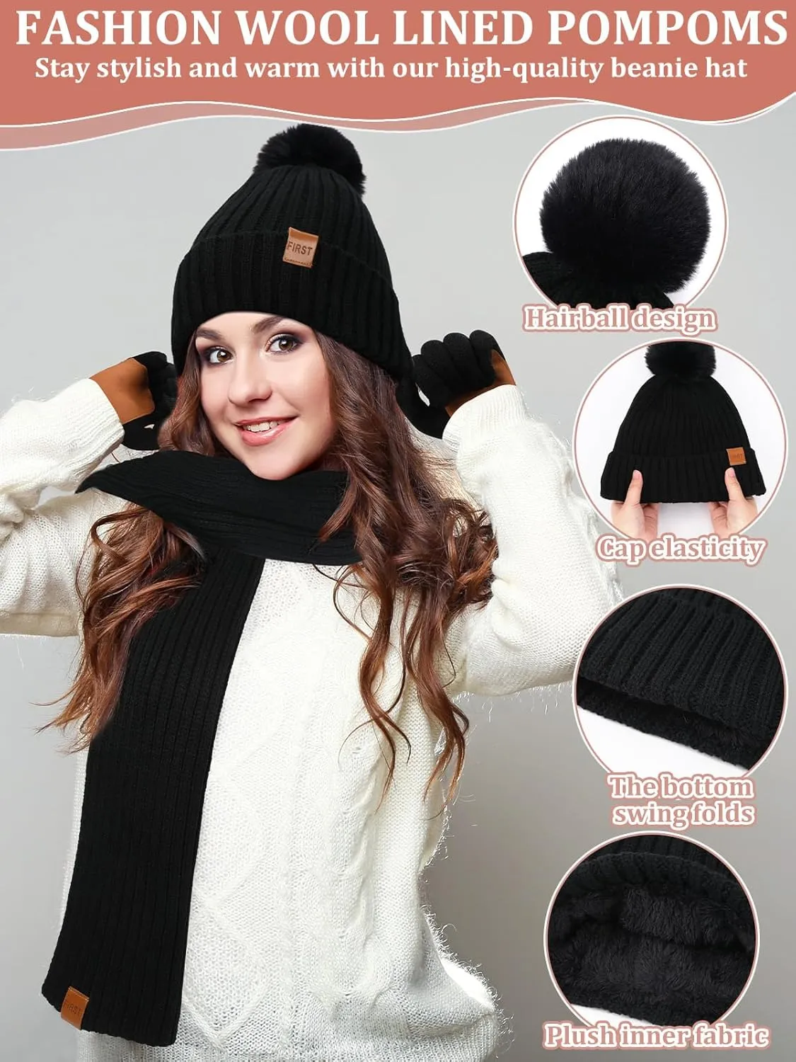 Winter Beanie Hat Scarf Gloves Set, Fleece Lined Beanie Pom Long Scarf Neck Warmer Touchscreen Gloves for Women Men