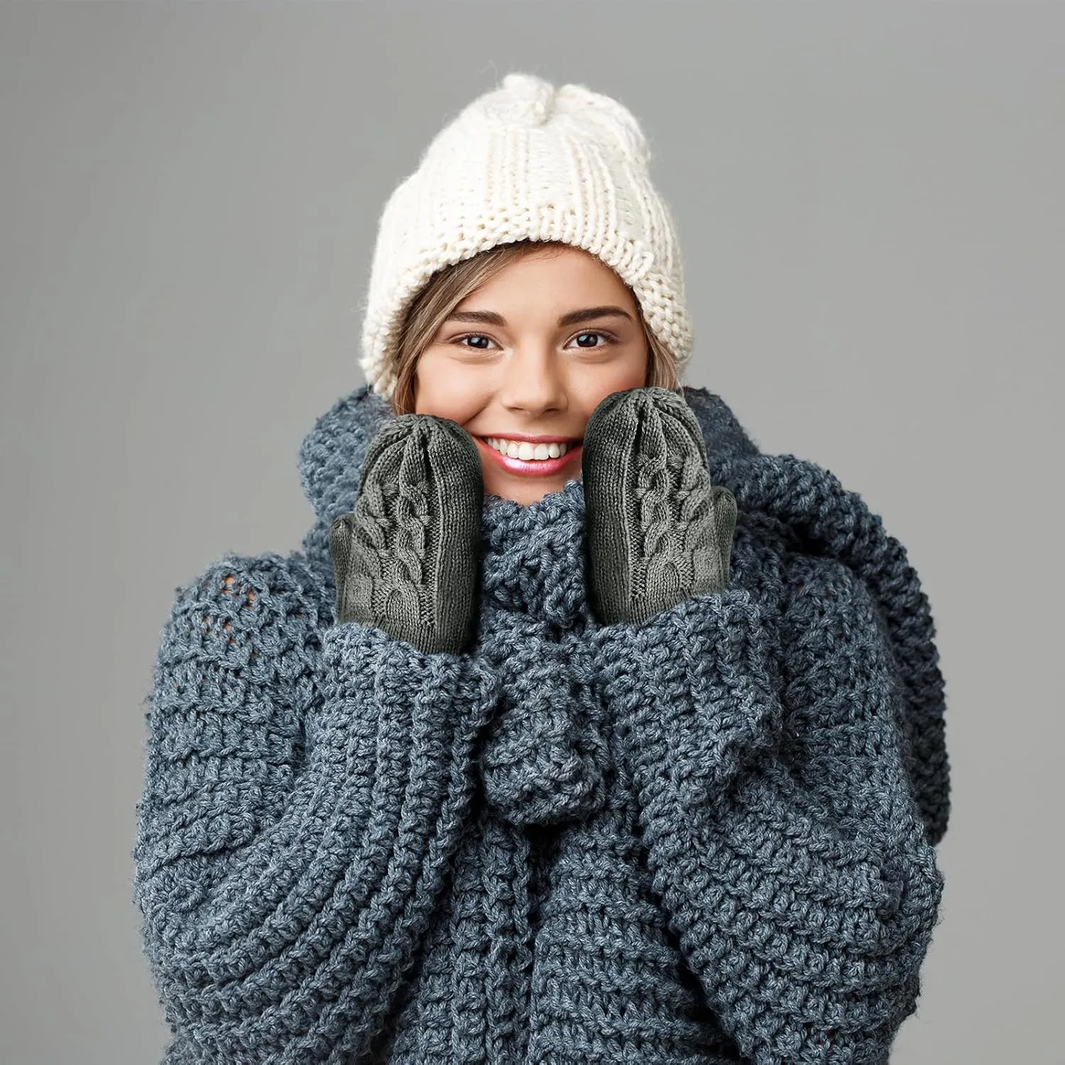 Winter Warm Women's Mittens, Thermal Fleece Knitted Gloves with Cozy Soft Lined for Cold Weather Running Driving