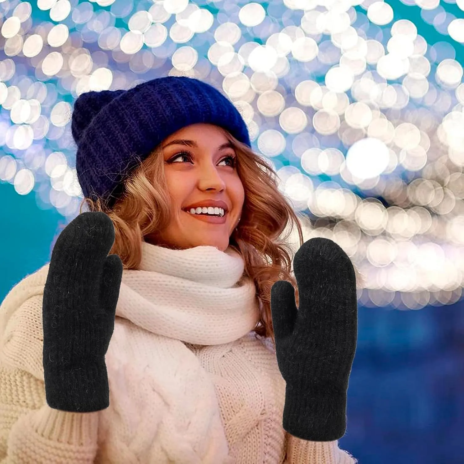 Women Winter-Warm-Mittens Fur-Fleece-Gloves Knit Cute-Mittens for Adult Cold Weather
